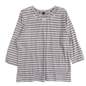 MIK Gray Striped Tunic Blouse Women Size X Large Beaded Crew Neck Long Sleeve